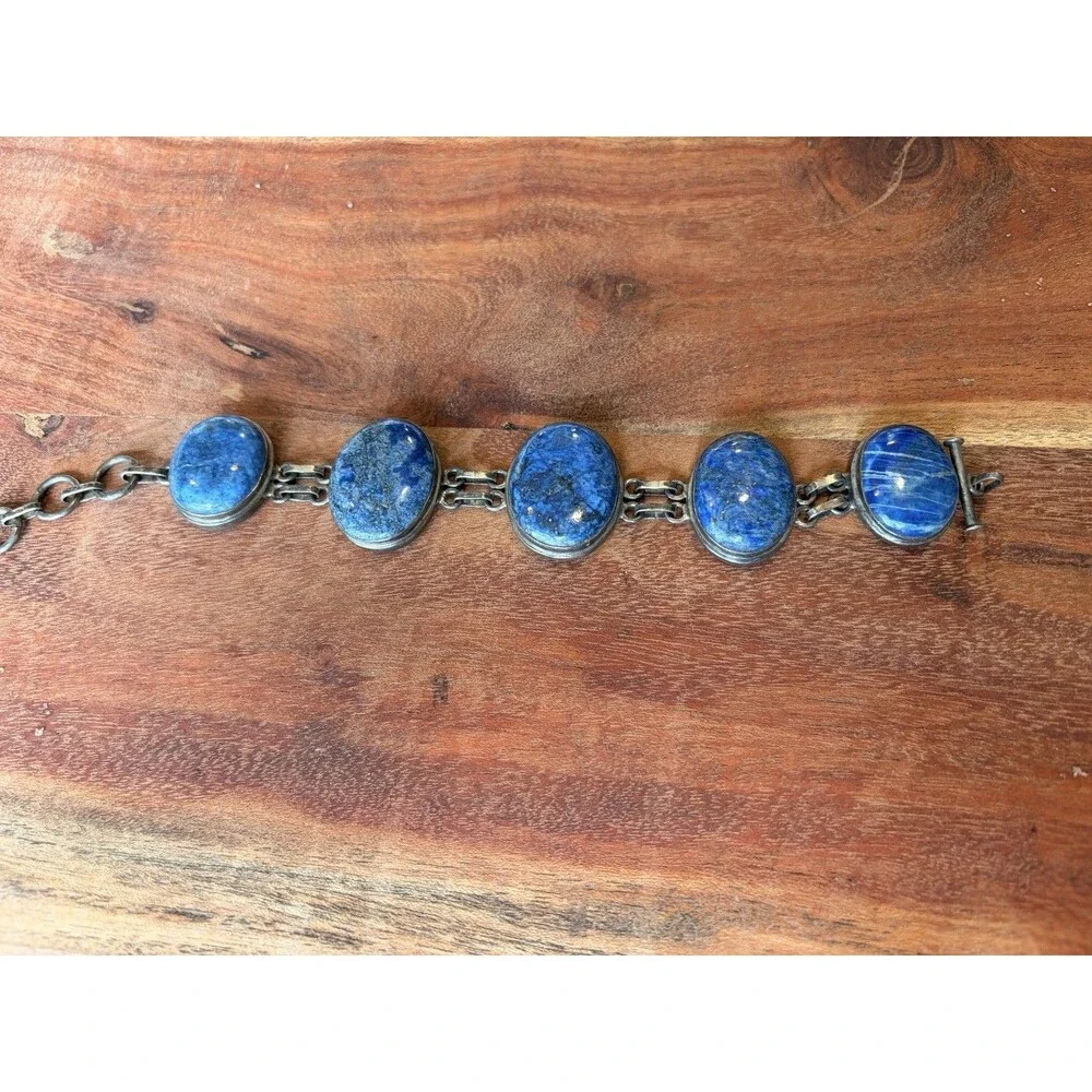 Vintage Large Lapis Lazuli Cabochon 925 Sterling Silver Bracelet Native Navajo
